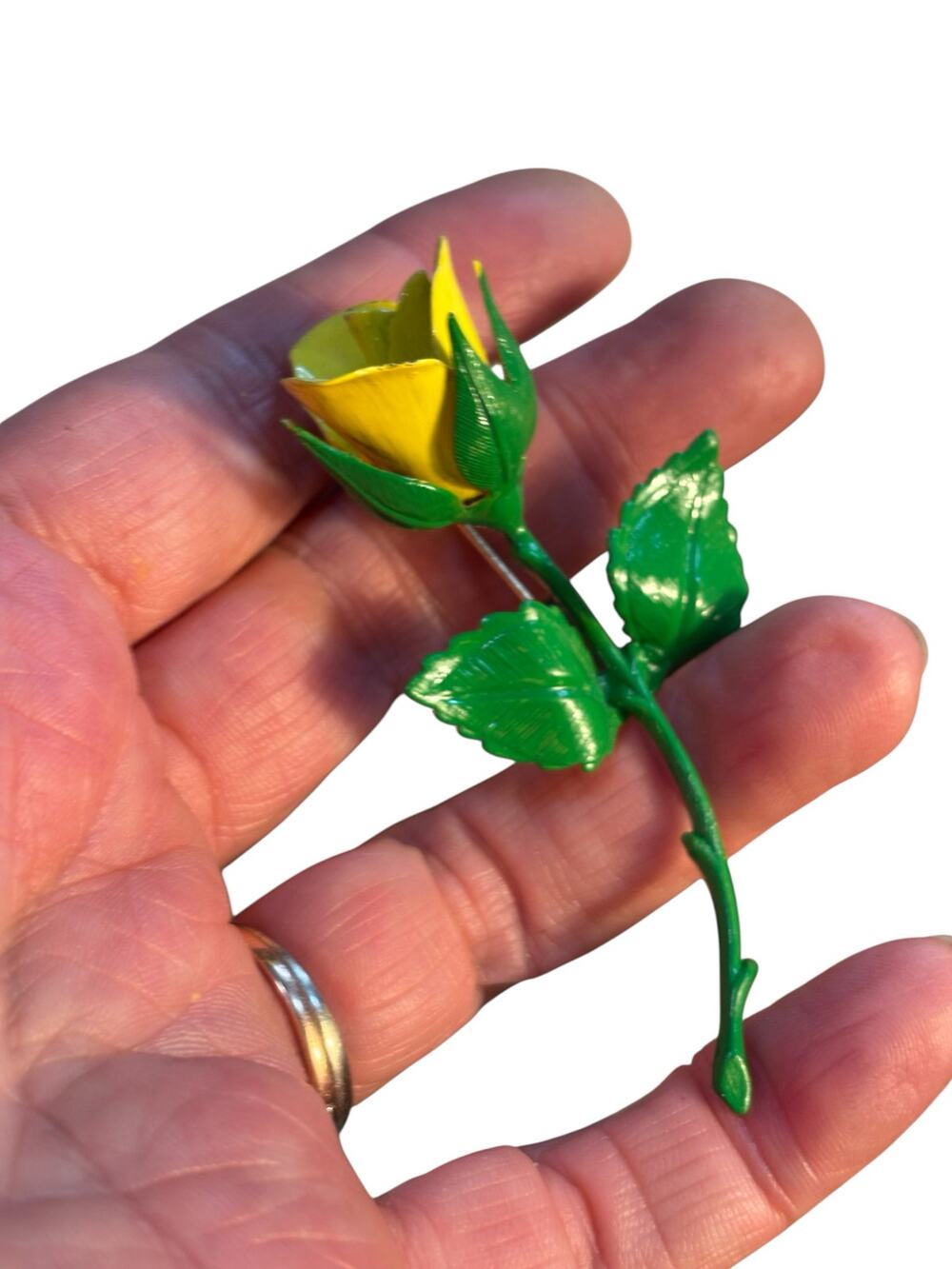 Signed Giovanni Yellow Rose Brooch Enamel Green Stem Vintage Floral Mid Century